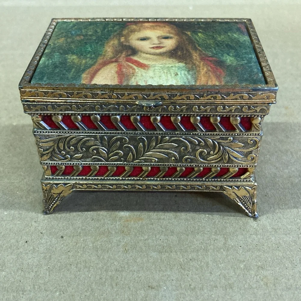Gold vintage footed trinket box “portrait‎ of a young girl “ by Renoir 1841-1919